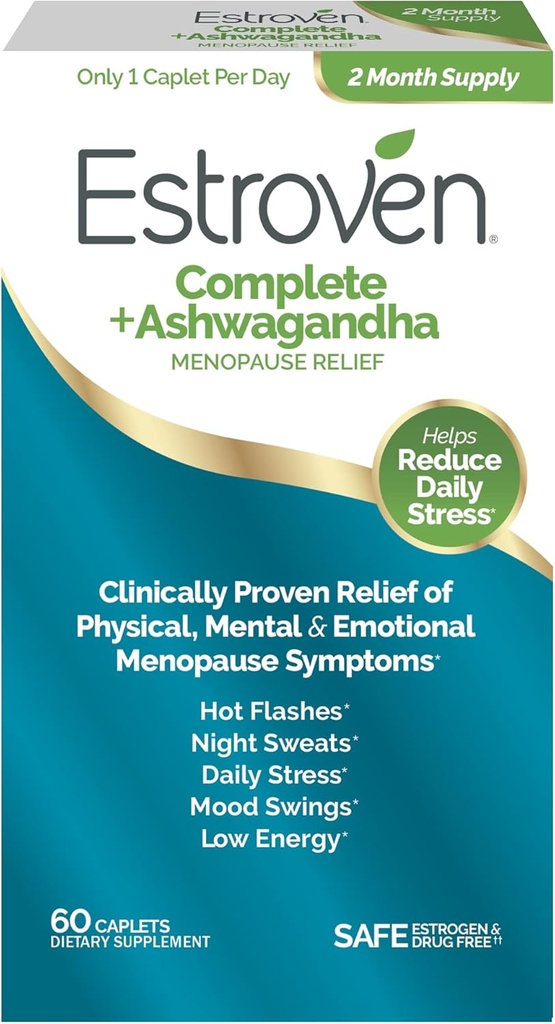 Estroven Complete + Ashwagandha Multi-Symptom Εμμηνόπαυση συμπλήρωμα για τις γυναίκες - 60 Ct. - Κλινικά Αποδεδειγμένα Συστατικά Παρέχετε Εμμηνόπαυση Ανακούφιση & Νυχτερινές Ιδρώσεις + Hot Flash Relief* - Drug-Free & Non-GMO