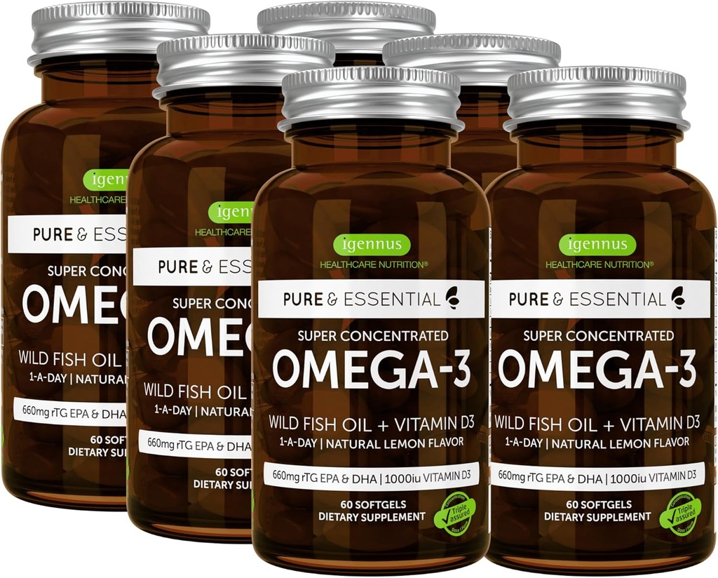 Igennus Advanced rTG Omega-3 IFOS Certified Wild Fish Oil & Vitamin D3, 1-a-Day, λιπαρά οξέα EPA & DHA, ταχείας δράσης μορφή τριγλυκεριδίων, Ultra Pure & Non-GMO, 360 Softgels
