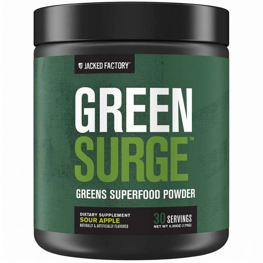 Jacked Factory Green Surge Green Superfood Powder- Keto Friendly Greens Drink w/Spirulina, Wheat & Barley Grass, Βιολογικά Πράσινα - Πράσινο εκχύλισμα τσαγιού, Προβιοτικά & Digestive Ένζυμα - Sour Apple
