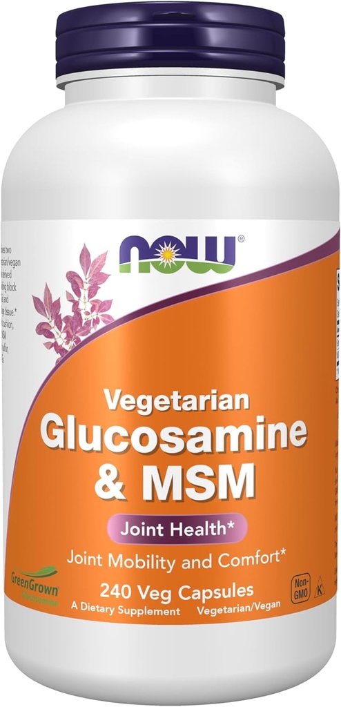 NOW Συμπληρώματα τροφίμων, γλυκοζαμίνη & MSM (GreenGrown® Glucosamine), χορτοφαγικά, 240 κάψουλες Veg