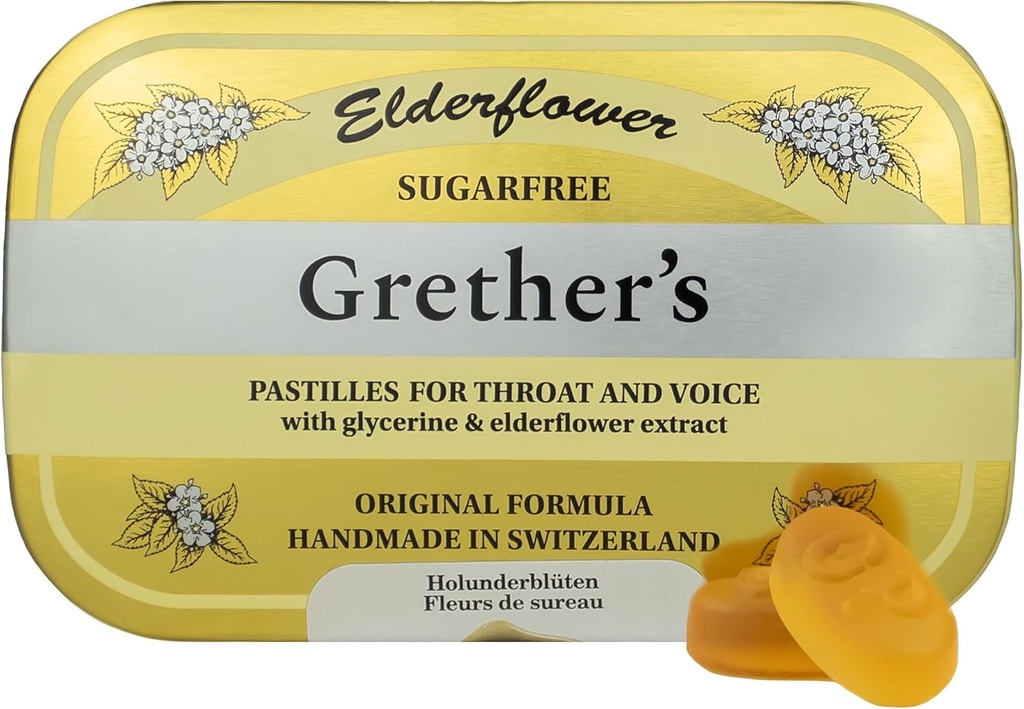 GRETHER'S Sugarfree Elderflower Pastilles Remedy for Dry Mouth Relief - Καταπραϋντικό Λαρύγγι & Υγιεινή Φωνή - Δώρο για Τραγουδιστές - 1-Pack - 2.1 oz.
