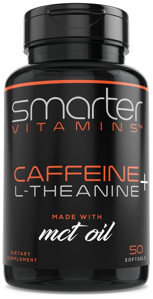 SmarterVitamins 200mg χάπια καφεΐνης - MCT Λάδι από 100% καρύδες + 100mg L-Θεανίνη, Ενέργεια και Εστίαση, Εκτεταμένη κάψουλα απελευθέρωσης, 50 υγρά Softgels