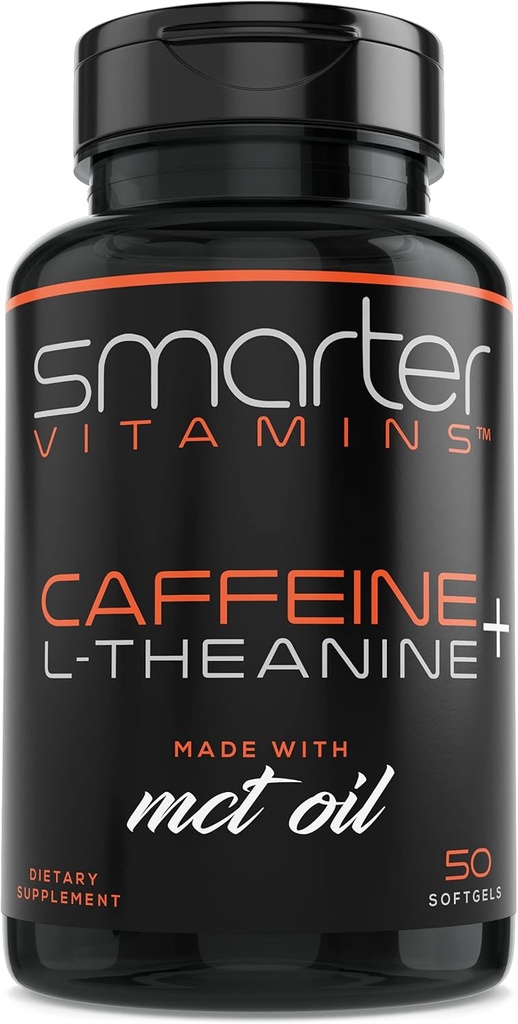 SmarterVitamins 200mg Caffeine Pills - MCT Oil from 100% Coconuts + 100mg L-Theanine, Energy and Focus, Extended Release Capsule, 50 Liquid Softgels