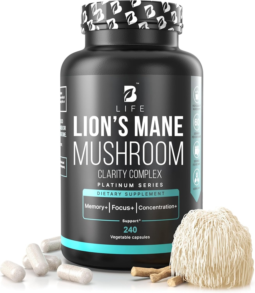 Κάψουλες μανιταριών Lion’s Mushroom – Memory, Focus & Clarity – Nootropic Brain Συμπληρωματικό με Ashwagandha, Thiamin (B1), Μαγνήσιο L-Θρεονικό – Γνωστική και Εγκεφαλική Υποστήριξη για την Ψυχική Ενέργεια, 240 Caps