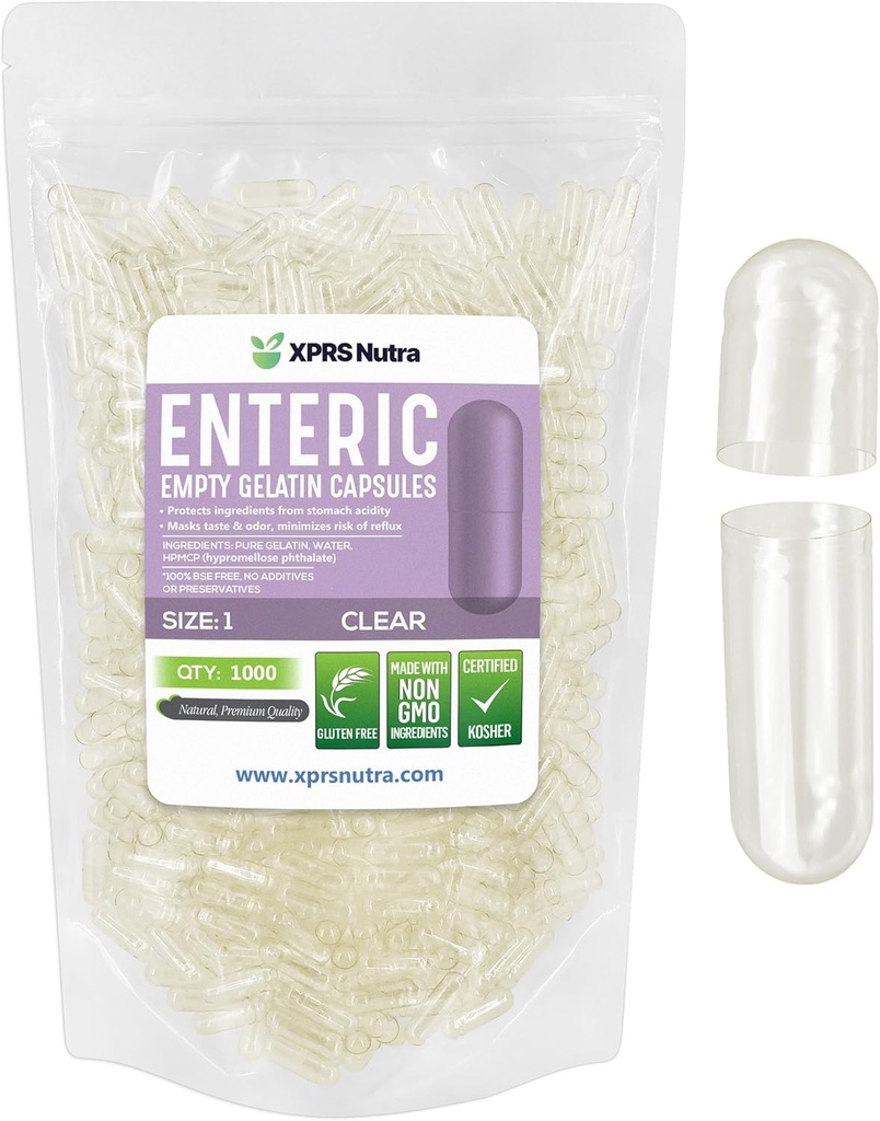 XPRS Nutra Μέγεθος 1 Κενές κάψουλες - 1000 Count Clear Enteric Coated Empty Gelatin Κάψουλες - χάπια καθυστερημένης αποδέσμευσης - DIY Caps Filling - Pure Bovine Enteric Gel Caps