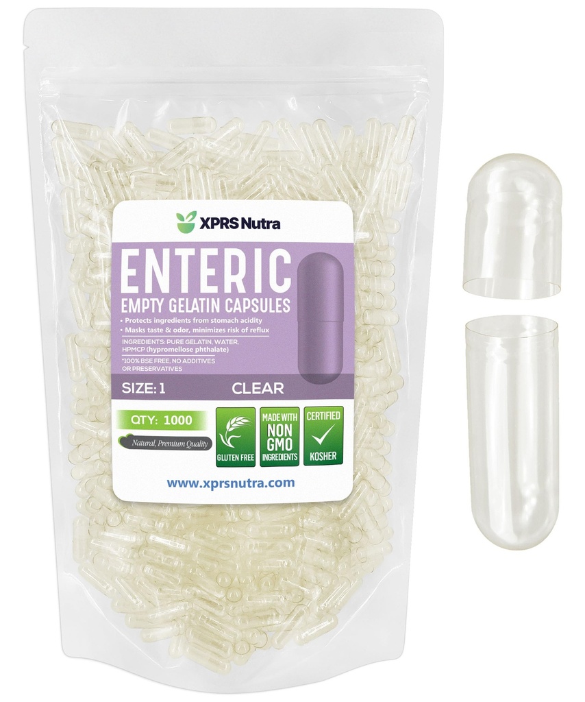 XPRS Nutra Μέγεθος 1 Κενές κάψουλες - 1000 Count Clear Enteric Coated Empty Gelatin Κάψουλες - χάπια καθυστερημένης αποδέσμευσης - DIY Caps Filling - Pure Bovine Enteric Gel Caps