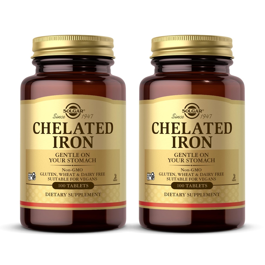 Solgar Chelated Iron - 100 Tablets, Συσκευασία των 2 - Απαλό στο στομάχι σας - Μη ΓΤΟ, Vegan, Χωρίς γλουτένη, Χωρίς γαλακτοκομικά, Kosher - 200 Σύνολο Σερβιρίσματος