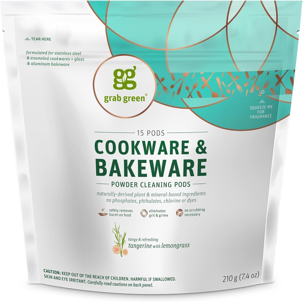 Αρπάξτε τα πράσινα Κουζινικά και Bakeware Cleaner Pods,15 Pods, Tangerine Lemongrass Scent, Plant and Mineral Based, Αφαιρεί το Burnt-On Food, Εξαλείφει τα Stains