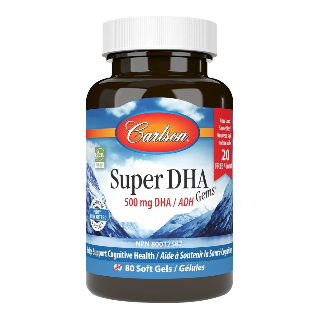 Carlson - Super DHA Gems, 500 mg DHA Συμπληρώματα, 640 mg Λιπαρά Οξέα, Wild-Caught Νορβηγικό ιχθυέλαιο Αρκτικής Συμπυκνωμένο, Με Βιώσιμη προέλευση Nordic Fish Oil Κάψουλες, 60+20 Softgels