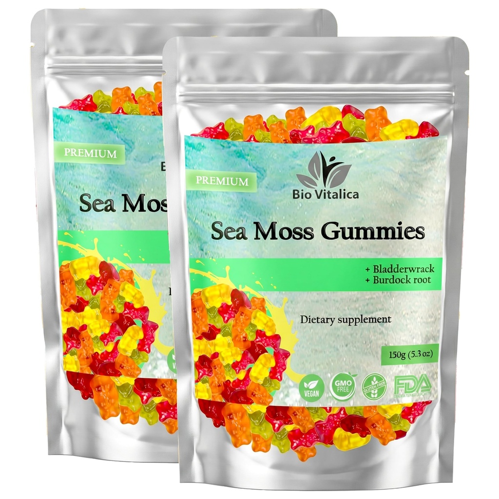 BIO VITALICA Sea Moss Gummies – με Bladderwrack & Burdock Root – Wildcrafted Gel + Powder – Vegan, Keto, Non-GMO, Gluten-free – Φρουτώδη Ορυκτά-Rich Gummies – 50 Count (2 Pack)