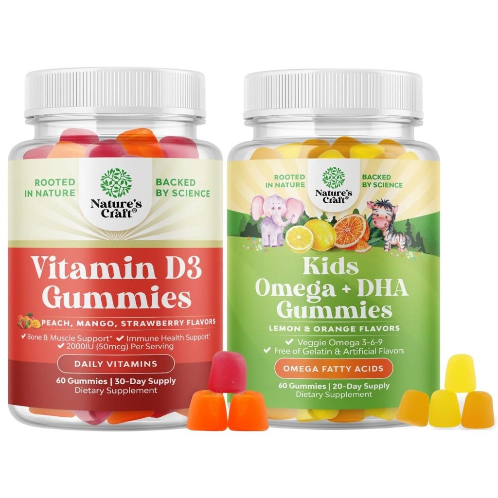 Δέσμη βιταμίνης D3 Gummies για την καθημερινή ευεξία με 2000IU ανά υπηρεσία μυών των οστών & ανοσοποιητική υποστήριξη και τα παιδιά DHA Omega 3 Gummies - λιπαρά οξέα Omega 3 6 9 για τον εγκέφαλο, ανοσοποιητική δύναμη & όραση