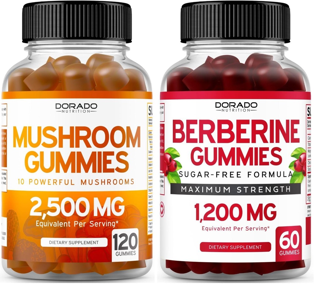 Mushroom Gummies (120 Gummies) Focus & Brain Mushroom Supplement and Berberine with Ceylon Cinnamon (60 Count) Premium Sugar-Free Supplement for Adults - Tested, Non-GMO & Made in USA