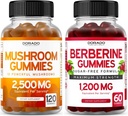 Mushroom Gummies (120 Gummies) Focus & Brain Mushroom Supplement and Berberine with Ceylon Cinnamon (60 Count) Premium Sugar-Free Supplement for Adults - Tested, Non-GMO & Made in USA