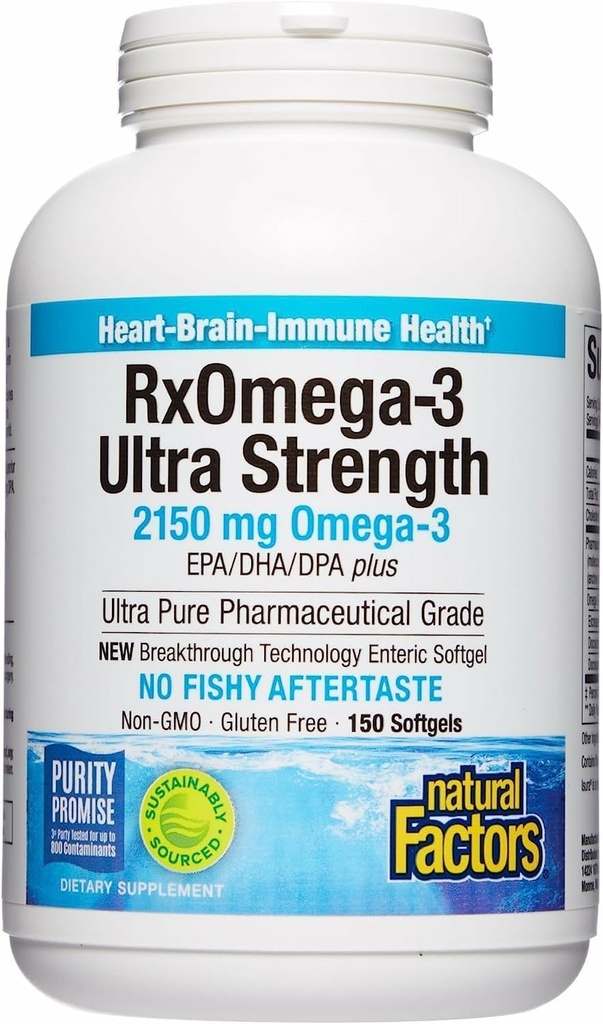 Φυσικοί παράγοντες RxOmega-3 Ultra Strength - Συμπλήρωμα διατροφής για την υποστήριξη του εγκεφάλου και της καρδιάς - Συμπλήρωμα για την υγεία των ματιών με EPA & DHA - Συμπλήρωμα με Ωμέγα-3 λιπαρά οξέα - 150 Softgels (75 εξυπηρετούν)