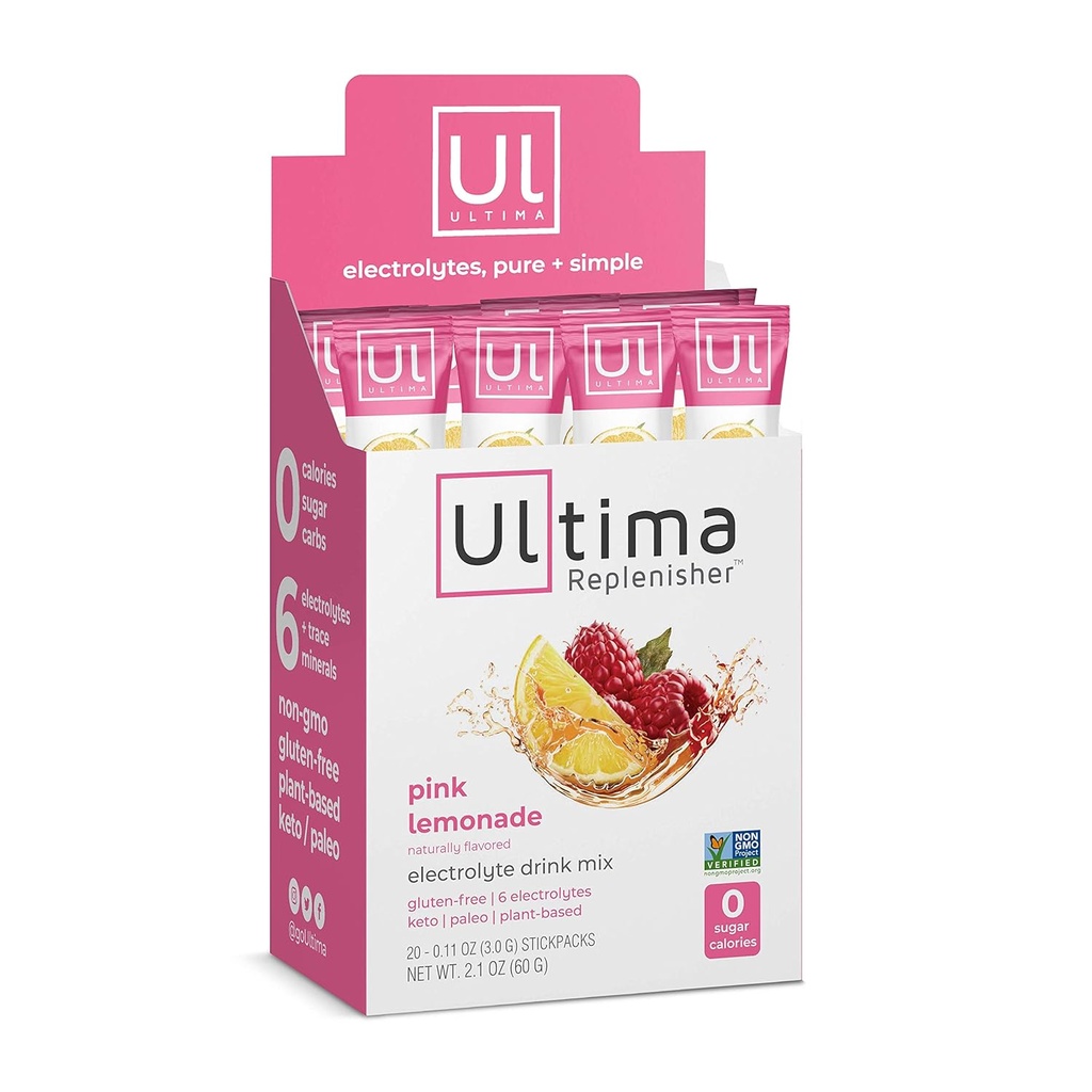 Ultima Replenisher Ηλεκτρολυτικό Ενυδατικό Μείγμα, Pink Λεμονάδα, 20 σερβιρίσματος κουτί Stickpack - Χωρίς ζάχαρη, 0 θερμίδες, 0 υδατάνθρακες - Χωρίς γλουτένη, Keto, Μη ΓΤΟ, Vegan