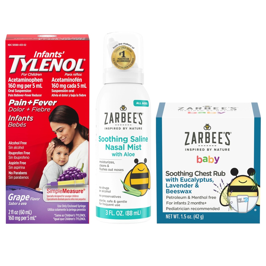 Tylenol και Zarbee’s Baby Essentials Bundle for Infants: Βρέφη Acetaminophen Liquid Medicine, Zarbee's Baby Deothing Nasal Spray και Zarbee's Baby Soothing Eucalyptus & Lavendar Chest Rub