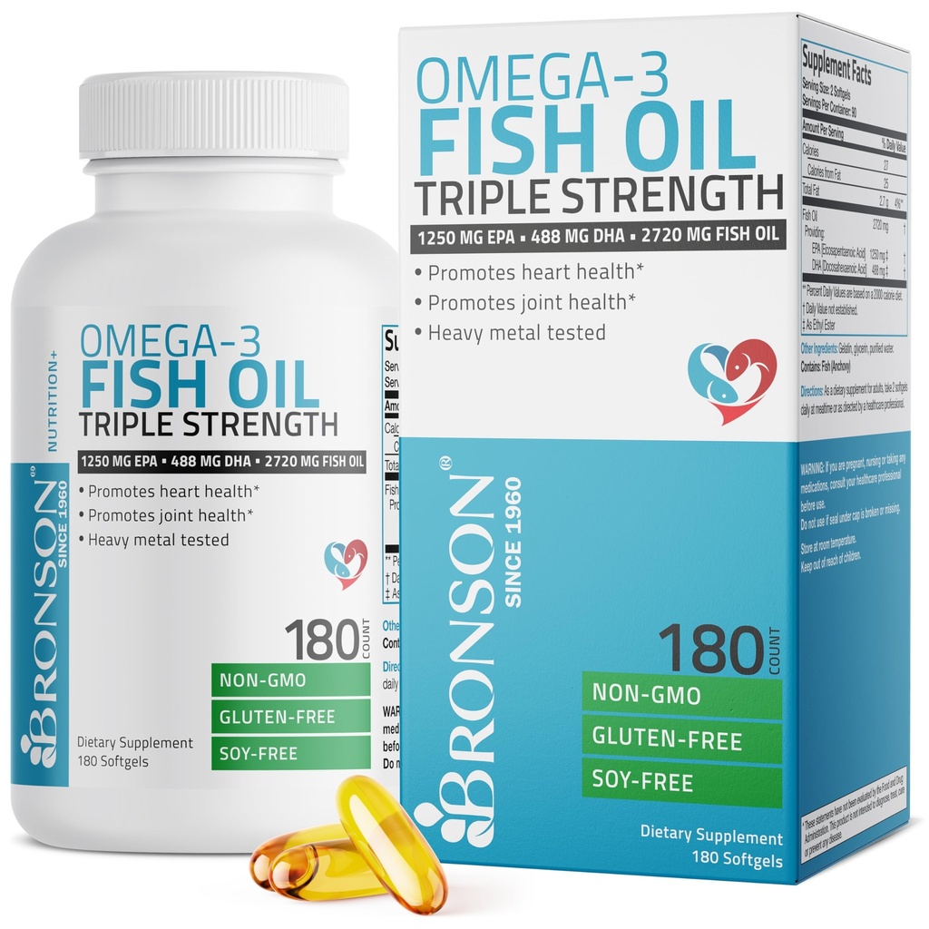 Bronson Omega 3 Fish Oil Triple Strength 2720 mg, High EPA 1250 mg DHA 488 mg, Μη ΓΤΟ Heavy Metal Tested, 180 Softgels