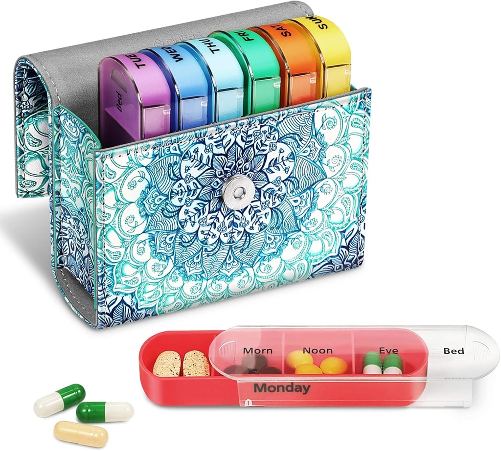 FINPAC Weekly Pill Organizers 4 φορές την ημέρα, Slide Open PU Δερμάτινη περίπτωση Ταξίδι χάπια Vitamin Ιατρική υπενθύμιση και Planner με την κάρτα όνομα για το πρωί