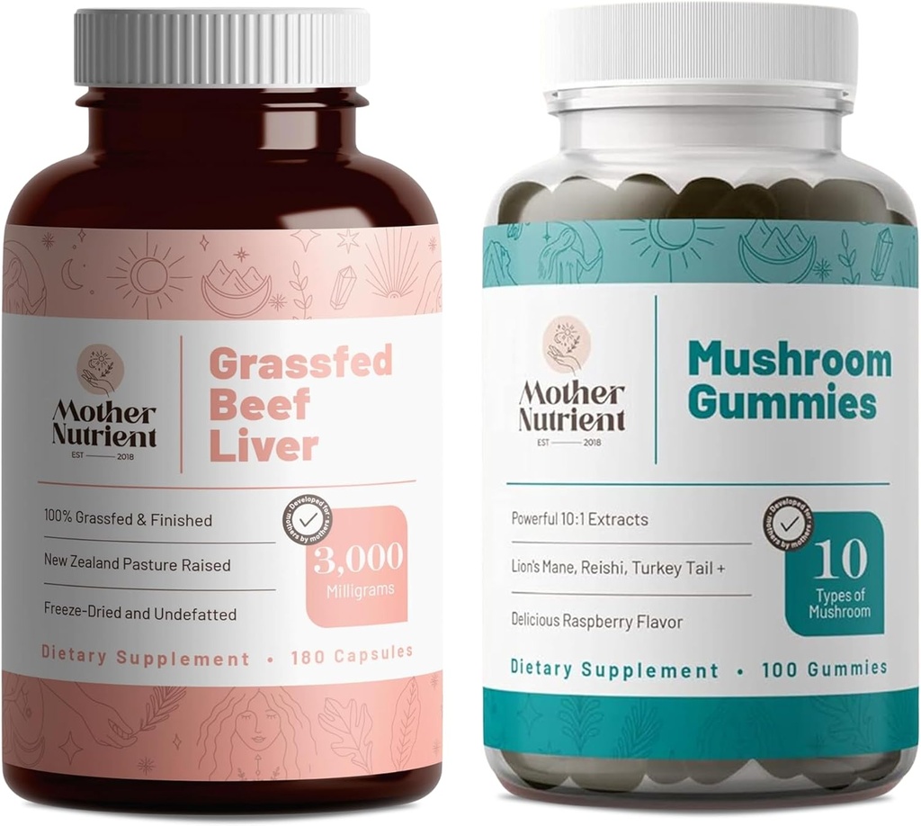 Mother Nutrient Bundle: Grass-Fed Beef Liver Capsules and Pure Extract Mushroom Gummies - Premium, Non-GMO Supplements for Your Daily Routine