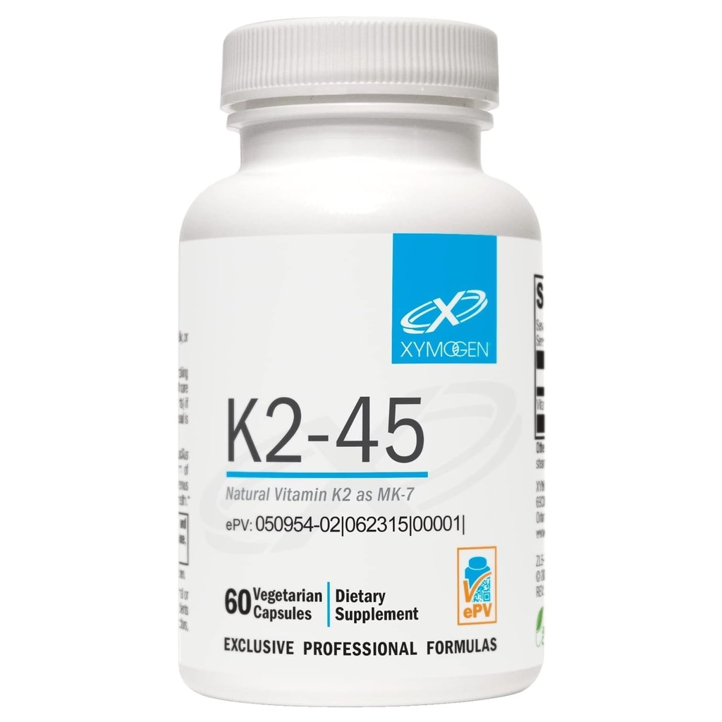 XYMOGEN K2-45 Βιταμίνη K - Βιταμίνη K2 MK-7 που προέρχεται από μη γενετικά τροποποιημένα σόγια - Η πιο βιοδιαθέσιμη μορφή του K2 Διαθέσιμο - Υποστηρίζει καρδιοαγγειακή + οστική υγεία (60 κάψουλες)