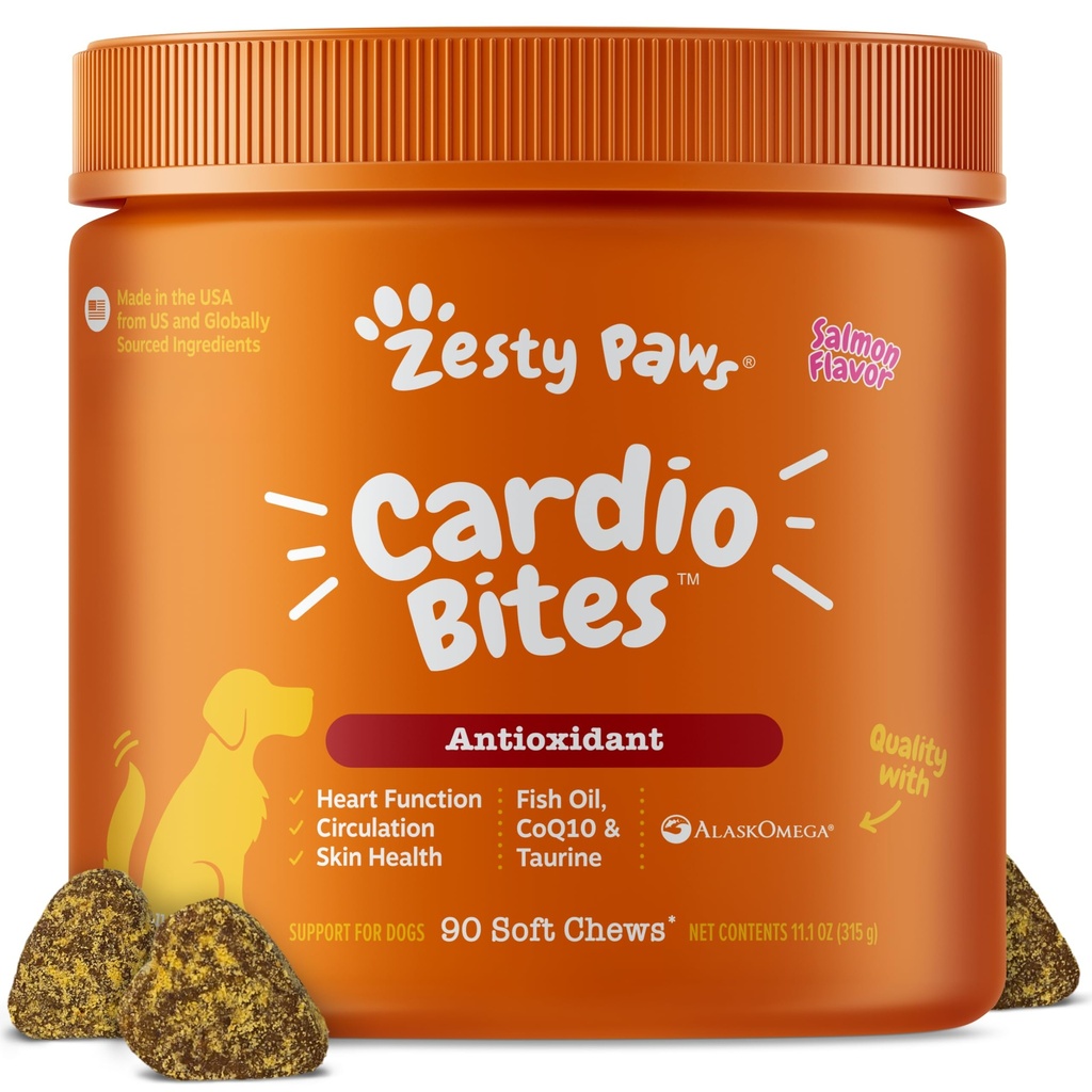 Zesty Paws Καρδιαγγειακή υποστήριξη για σκύλους - Ταυρίνη για σκύλους - με CoQ10, L Carnitine & Sea Buckthorn - Senior Heart Health - AlaskOmega Fish Oil Omega 3 - Senior - Salmon - 90 Count
