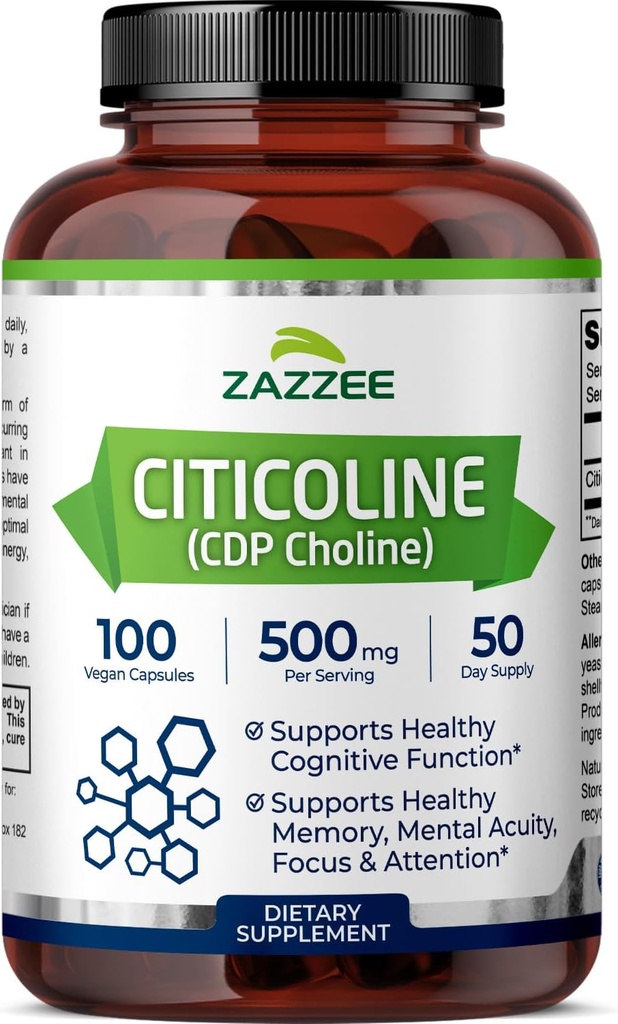 Zazzee Extra Strength Citicoline, 500 mg ανά Σερβίρισμα, 100 κάψουλες Vegan, Superior CDP Choline Form, 100% Χορτοφαγική και Φαρμακευτική Βαθμός, 50-Day Supply, Όλα-Φυσικά και Μη-ΓΤΟ