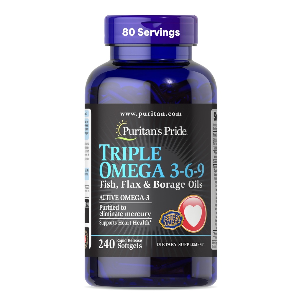 Puritan's Pride Premium Triple Active Omega 3-6-9 Fish, Flax, and Borage Oils, Συμπλήρωμα διατροφής για την καρδιά, κοινή και κυτταρική υποστήριξη υγείας, 240 Softgels ταχείας απελευθέρωσης