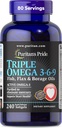 Puritan's Pride Premium Triple Active Omega 3-6-9 Fish, Flax, and Borage Oils, Συμπλήρωμα διατροφής για την καρδιά, κοινή και κυτταρική υποστήριξη υγείας, 240 Softgels ταχείας απελευθέρωσης