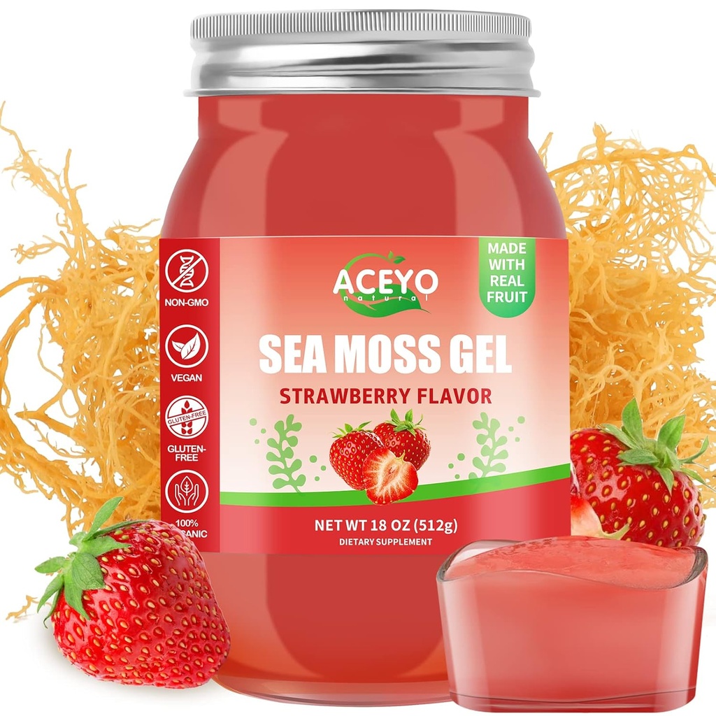 ACEYO (18 OZ) Ιρλανδική Θάλασσα Moss Gel Ακατέργαστη Vegan Φράουλα Γεύση 102 Βιταμίνες και Ορυκτά Άγρια Συγκομιδή Μη-ΓΤΟ Ανοσοποιητική αμυντικός ενισχυτής Thyroid
