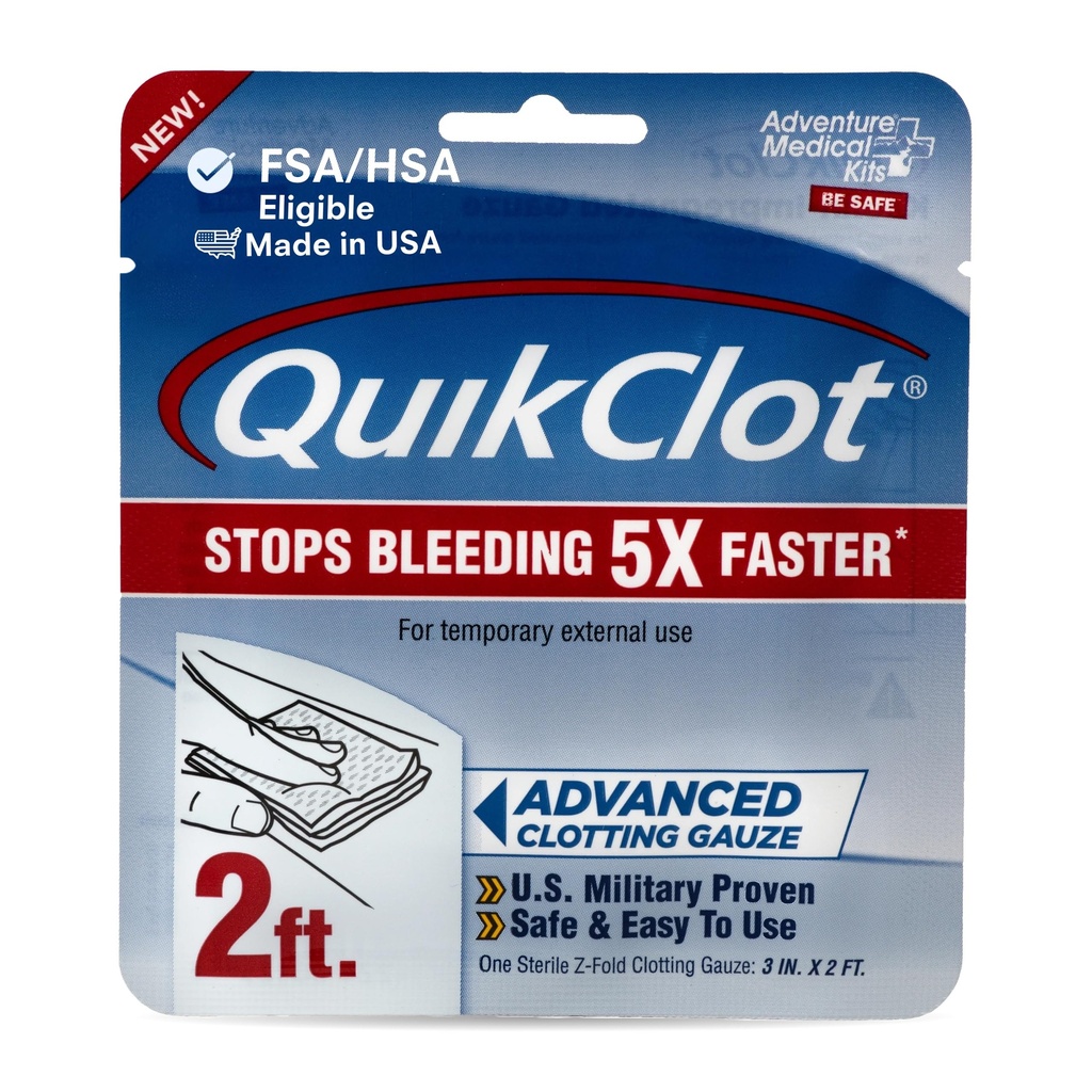 Adventure Medical Kits QuikClot Gauze - Ευέλικτη αιμοστατική ιατρική Gauze για την επείγουσα επιβίωση ή καταστροφή Κιτ ετοιμότητας & Περισσότερα - Στάματα Αιμορραγία Γρήγορη με Kaolin - 3" x 24"