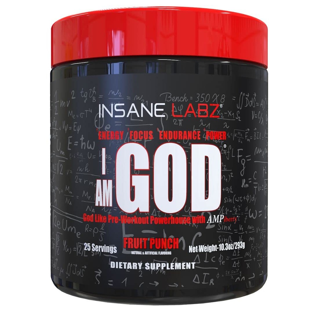 Insane Labz Είμαι ο Θεός πριν από την προπόνηση, High Stim πριν από την προπόνηση σκόνη φορτωμένο με Createine και DMAE Bitartrate που τροφοδοτείται από AMPiberry, Ενέργεια Εστίαση στην αντοχή μυϊκή ανάπτυξη, 25 Srvgs, Fruit Punch