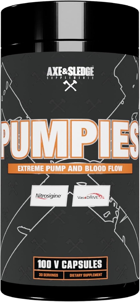 Axe & Sledge Συμπληρώματα PUMPIES Nitric Oxide Booster με VasoDrive-AP και Nitrosigine, αύξηση αντλιών, απόδοση, και ανάκτηση, 20 εξυπηρετούν, 100 κάψουλες