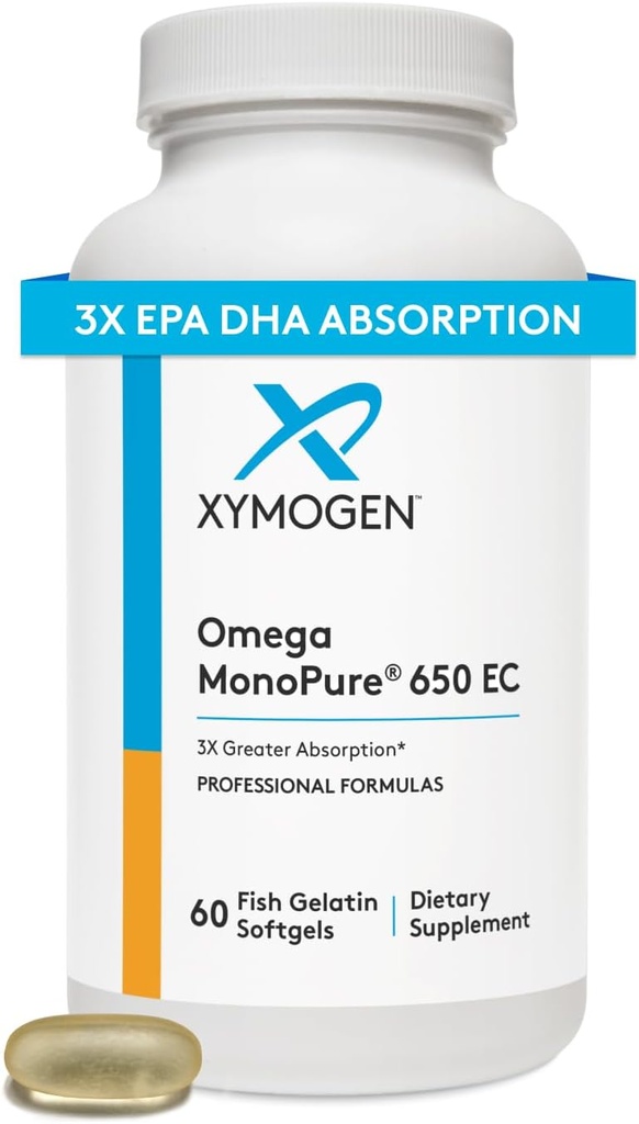 XYMOGEN Omega MonoPure 650 EC - Omega-3 Fish Oil Συμπληρώματα για γυναίκες & άνδρες - με EPA, DHA & DPA - Μικρότερα Softgels με 3X Μεγαλύτερη Απορρόφηση - Υποστήριξη Υγιούς Καρδιάς & Γνωριμιών (120 Softgels)