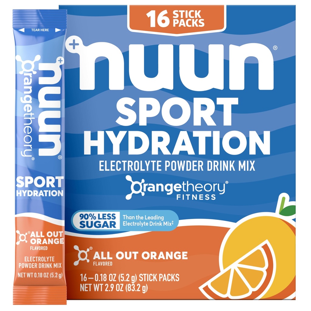 Nuun Sport Ηλεκτρολυτικές Συσκευασίες Σκόνης με Μαγνήσιο, Ασβέστιο, Κάλιο, Χλωριούχο και Νάτριο, Συσκευασίες Ενυδάτωσης για On-The-Go, All Out Πορτοκαλί Γεύση, Χωρίς Γλουτένη & Vegan, 16 Single Services