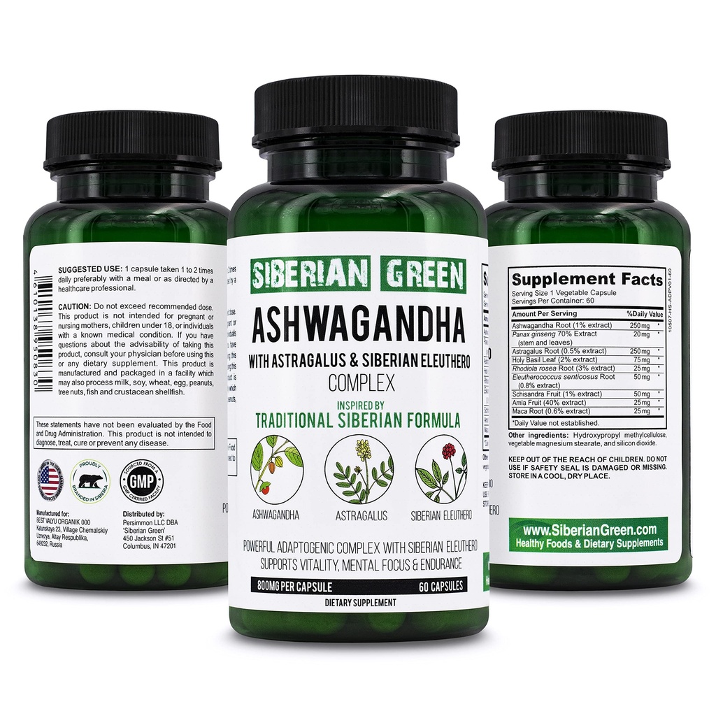 Siberian Green Organic Ashwagandha Root with Astragalus & Siberian Eleuthero Ginseng Complex 60 κάψουλες Ισχυρή βοτανική υποστήριξη