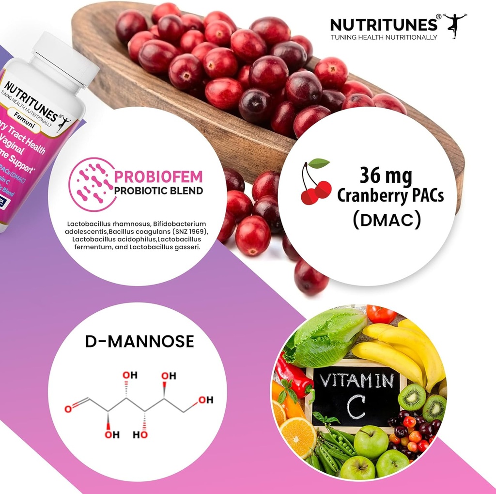 Cranberry PACs με D Mannose συμπληρώματα για γυναίκες, βιταμίνη C και γυναίκες Κολπικό προβιοτικό συμπεριλαμβανομένων Lactobacillus και Bifidobacterium στελέχη για την υγεία των ουροφόρων οδών - 60 κάψουλες Femuni UTH