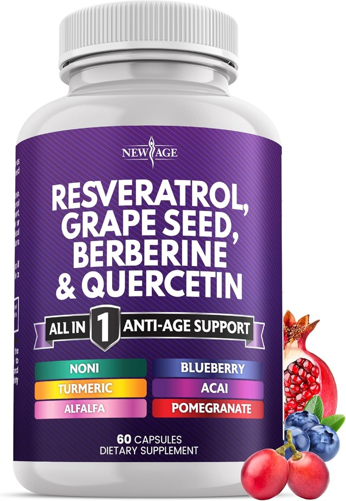 NEW AGE Resveratrol, Berberine, εκχύλισμα σπόρων σταφυλιών, Quercetin - Συμπλήρωμα πολυφαινόλης για γυναίκες και άνδρες με εκχύλισμα Noni, N-Acetyl Cysteine, Acai Extract - 60 κάψουλες