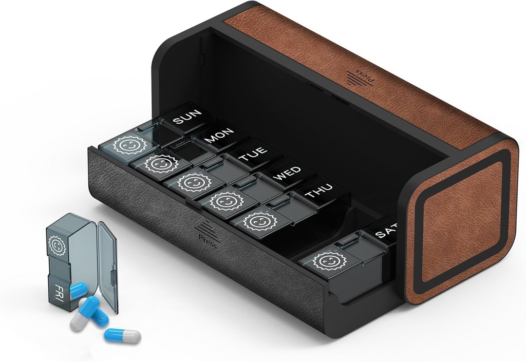 Weekly Pill Organizer 2 Times a Day, Large Travel Pill Box 7 Day, Twice Daily AM PM Pill Case, Removable Pocket Pharmacy, Pill Container Holder for Vitamin, Medicine (Black and Brown)