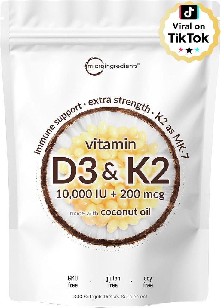 Micro Συστατικά Βιταμίνη D3 10.000 IU + K2 MK-7 200 mcg, 300 Softgels με Παρθένο Λάδι Καρύδας 2 σε-1 Βιταμίνες D & K Complex 