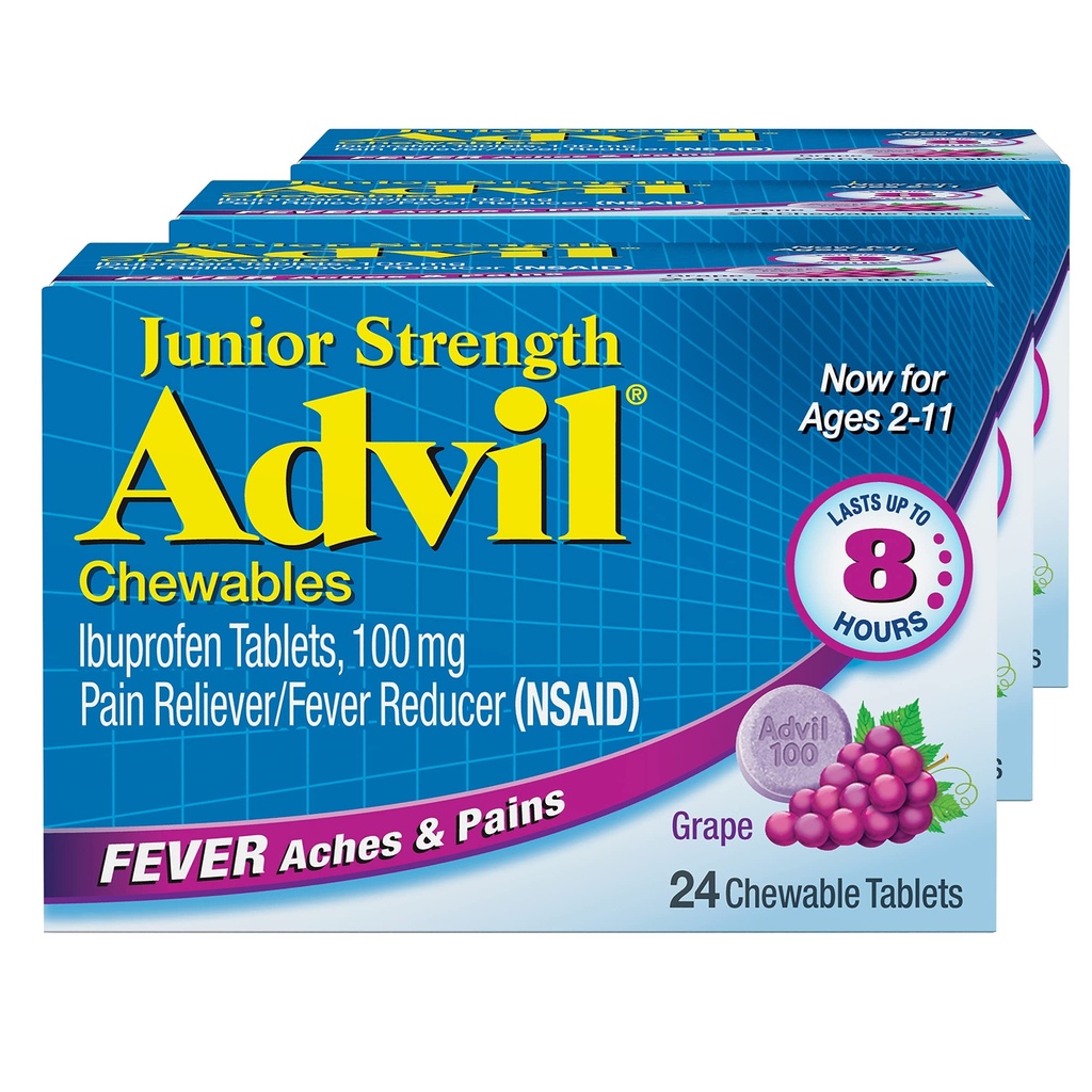 Advil Junior Strength Chewable Ibuprofen Pain Reliever and Fever Reducer, Παιδική Ιβουπροφαίνη για την ανακούφιση του πόνου, Σταφύλι - 24 δισκία (Pack of 3)