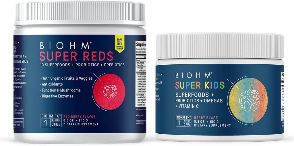 BIOHM Super Reds Superfood Powder, Tart Cherry & Super Kids Superfood Powder + Προβιοτικά, Ωφέλιμα Αντιοξειδωτικά & Ωμέγα-3 - Χωρίς γλουτένη, GMO Δωρεάν, Γαλακτοκομικά Χωρίς, Χωρίς τεχνητά συστατικά