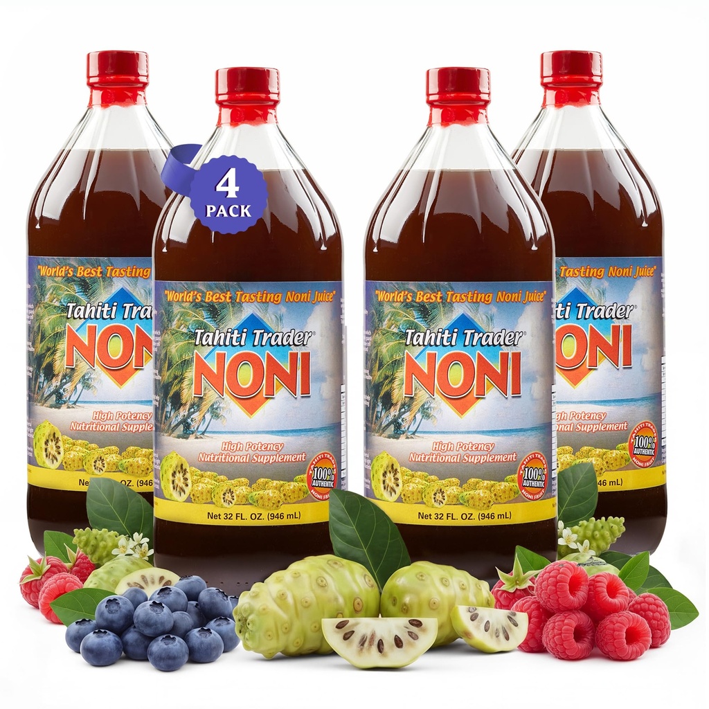 TAHITI TRADER (4-PK) Original High Potency Noni Juice - Καθαρός χυμός φρούτων Noni με βατόμουρο & σμέουρο - Βιολογικά Αντιοξειδωτικά Superfood Supporting Energy & Body Health - (32oz, 4 Pack)