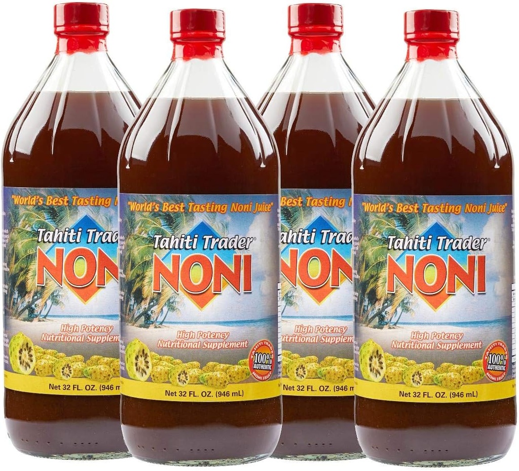 TAHITI TRADER (4-PK) Original High Potency Noni Juice - Pure Noni Fruit Juice with Blueberry & Raspberry - Organic Antioxidant Superfood Supporting Energy & Body Health - (32oz, 4 Pack)