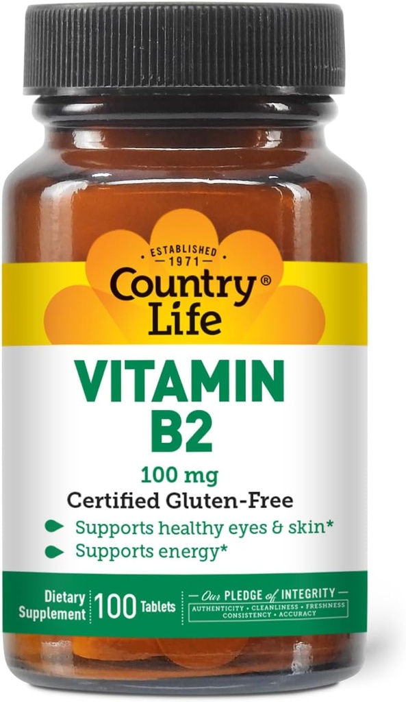 Country Life Vitamin B2 100mg Riboflavin Supplement – Boosts Energy Production & Supports Cell Function, Gluten-Free, Vegan, Kosher, Halal – no preservatives, GMO or Artificial Flavors, 100 Count