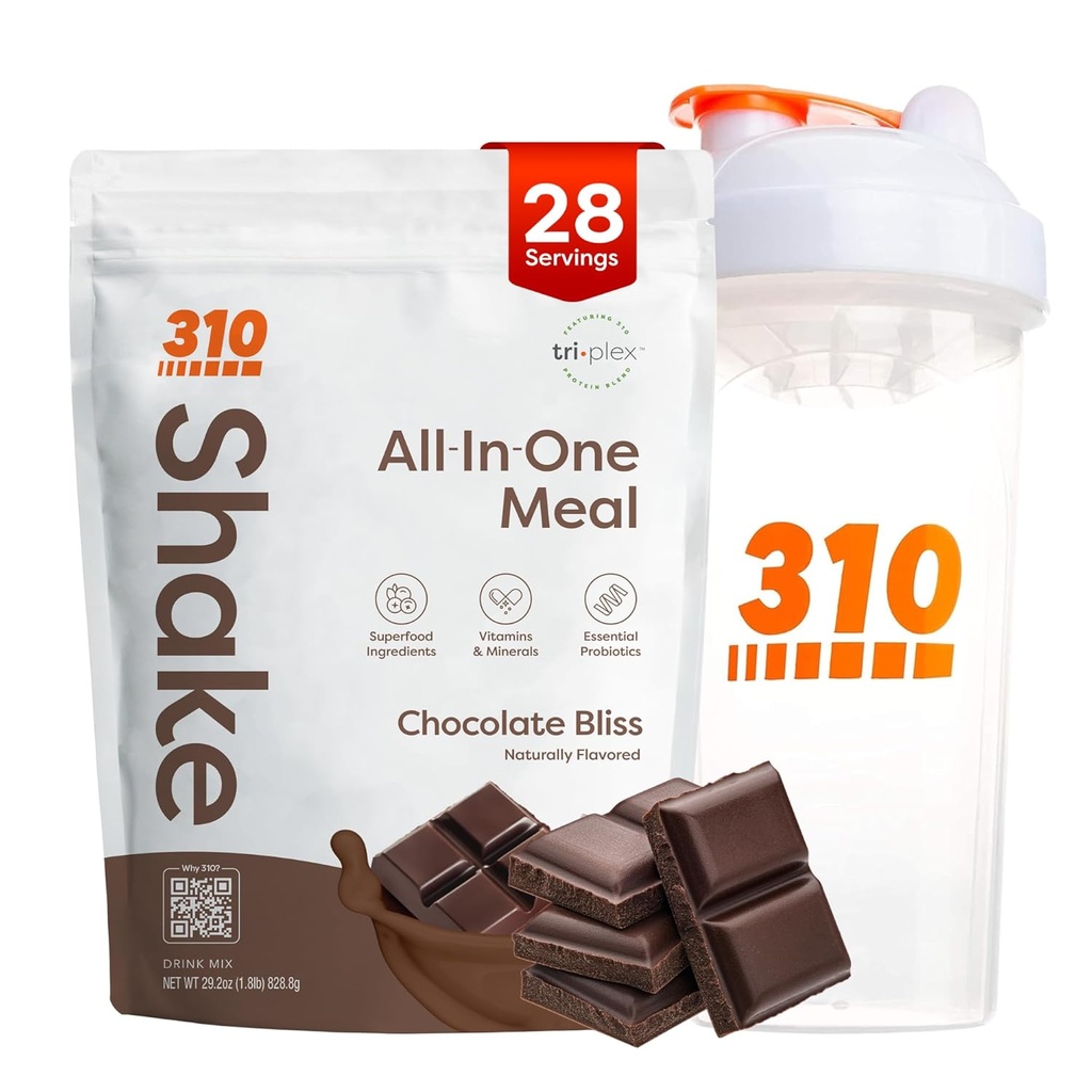 310 Nutrition All-in-One Meal Replacement Shake Powder w/Shaker Cup Starter Kit - Υψηλής πρωτεΐνης Ίνες Πλούσια Vegan Superfood Blend - Χωρίς ζάχαρη, Κέτο & Παλαιό Φιλικό, Χαμηλή Καρβίδα - Σοκολάτα Bliss 28 srv