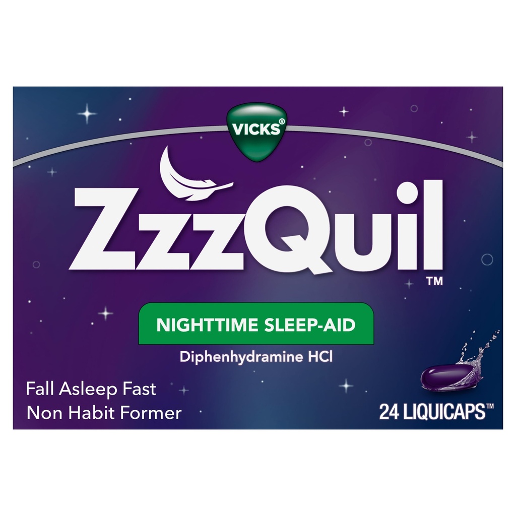 Vicks ZzzQuil, Nighttime Sleep Aid LiquiCaps, 25 mg Diphenhydramine HCl, No. 1 Sleep-Aid Brand, Non-Habit Forming, Fall Asleep Fast, 24 Count