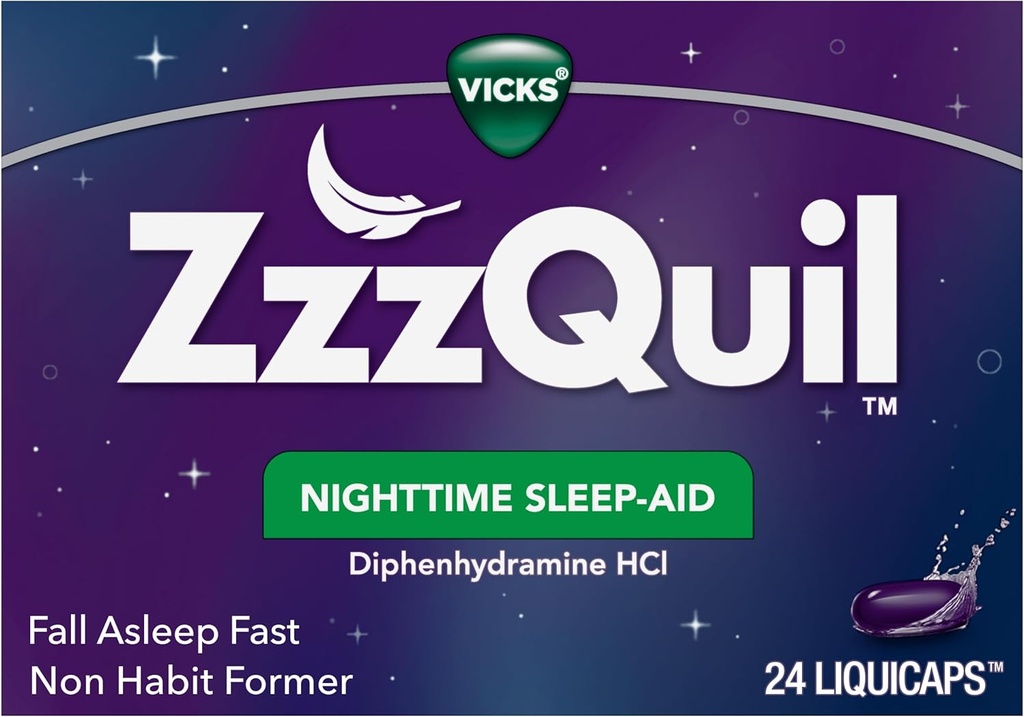 Vicks ZzzQuil, Nighttime Sleep Aid LiquiCaps, 25 mg Diphenhydramine HCl, No. 1 Sleep-Aid Brand, Non-Habit Forming, Fall Asleep Fast, 24 Count