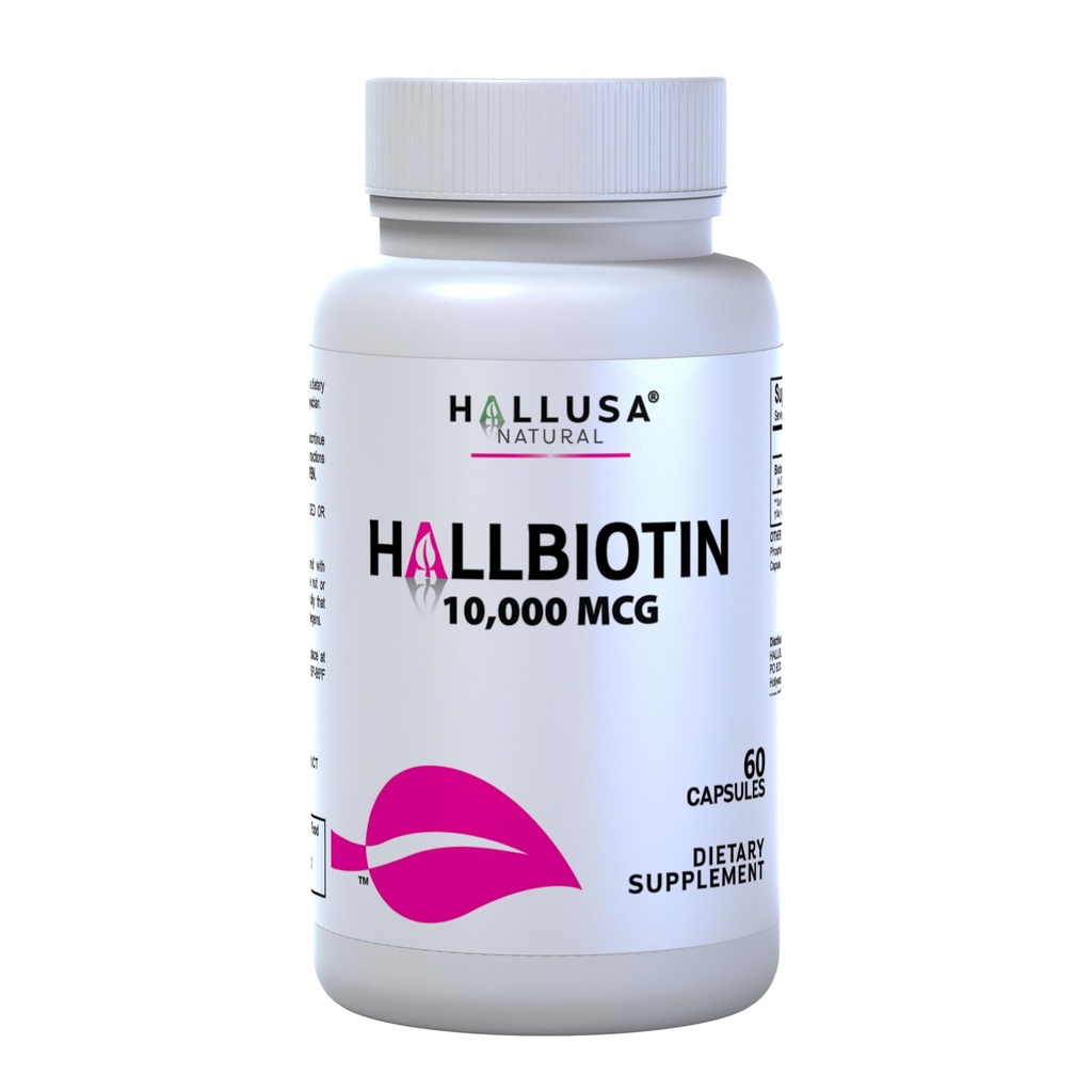 Hallusa Natural Biotin Κάψουλες 10.000 mcg Healthy Hair, Skin & Nails - Pastillas para la caída del Cabello - Crecimiento del Cabello – Crecimiento de la Barba - Alopecia y calvicie - 60 Κάψουλες