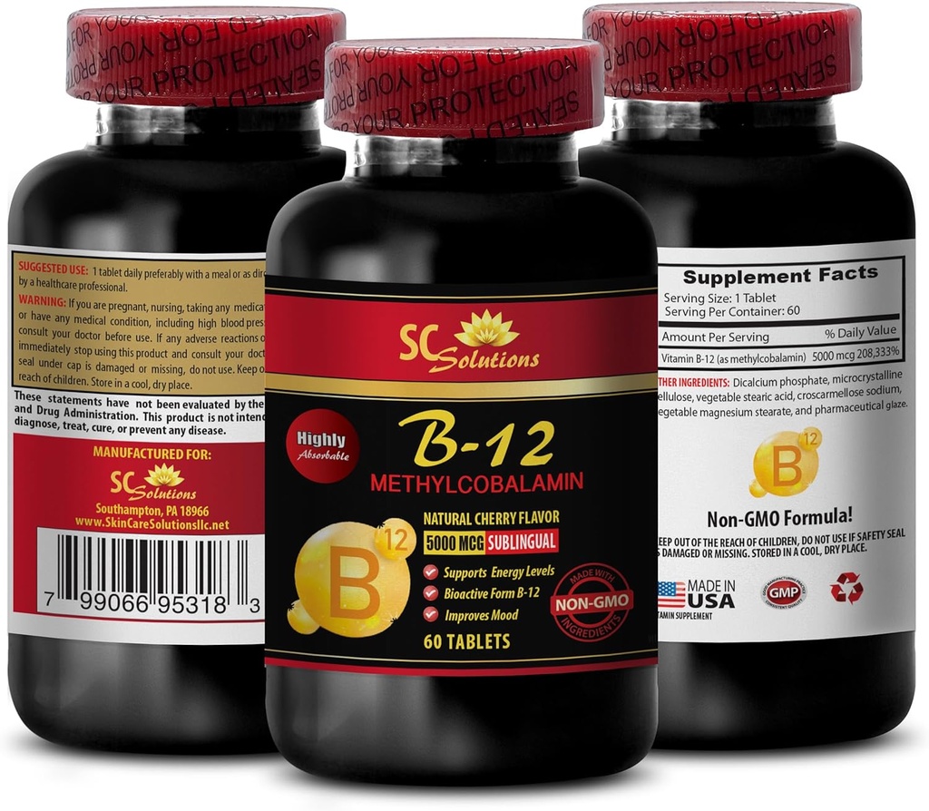 συμπληρώματα βιταμίνης b12 και μαγνησίου - METHYLCOBALAMIN VITAMIN B-12 5000 - καλύτερες βιταμίνες για γυναίκες άνω των 50 συν ενέργεια, καλύτερες βιταμίνες για άνδρες άνω των 40, κάψουλες ενισχυτή ενέργειας - 1 Φιάλη 60 δισκία