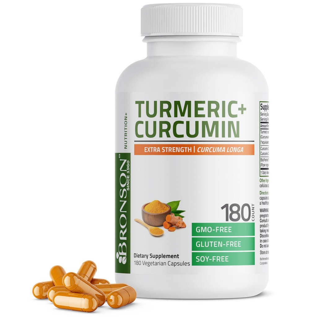 Bronson Turmeric Curcumin Extra Strength - Αντιοξειδωτική, Κοινή Υποστήριξη & Θήκη με BioPerine, Μη ΓΤΟ, 180 κάψουλες χορτοφάγων